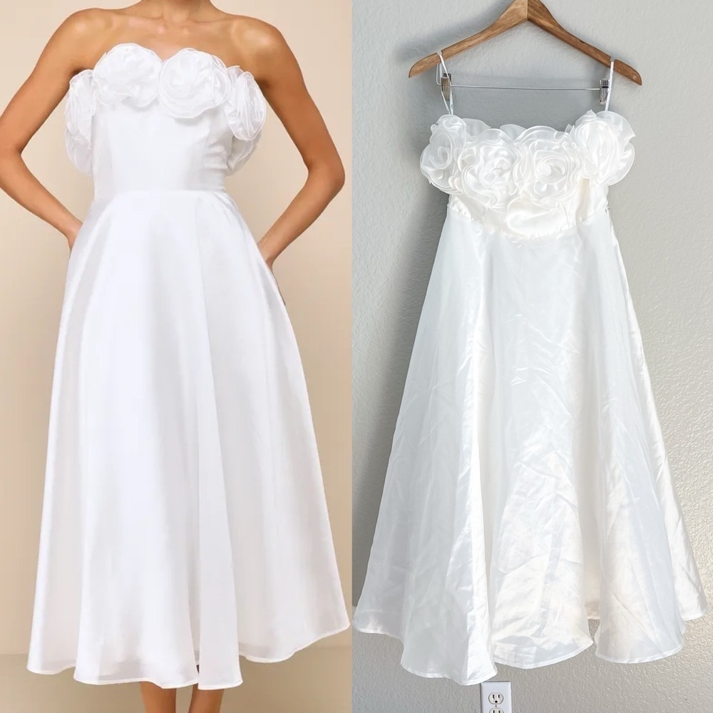 Idyllic Muse White Organza Rosette Strapless Midi Dress